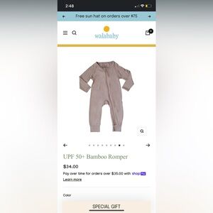 Walababy UPF 50. Retails $34. Color Dawn. Size 6-9 months, IMO it runs small.